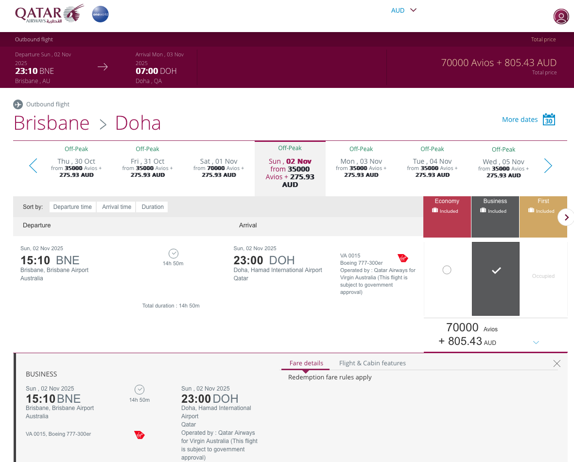 BNE-DOH reward seats showing on the Qatar Airways website