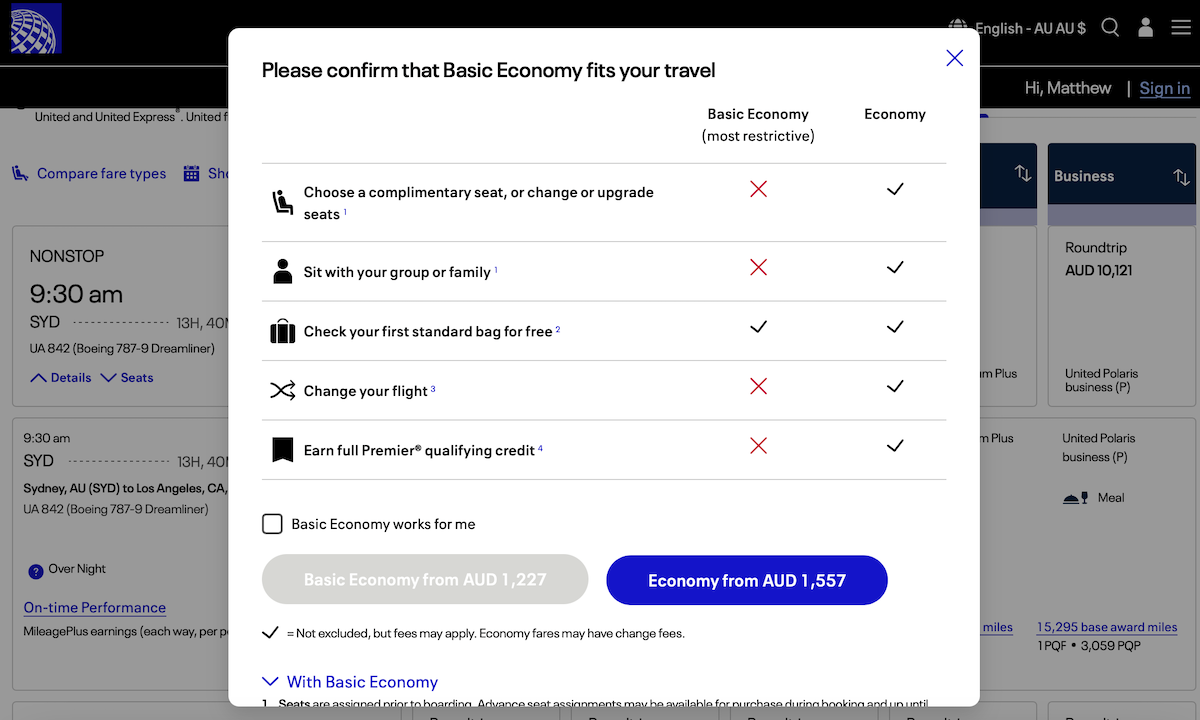 United's trans-Pacific Basic Economy ticket inclusions on a SYD-LAX booking