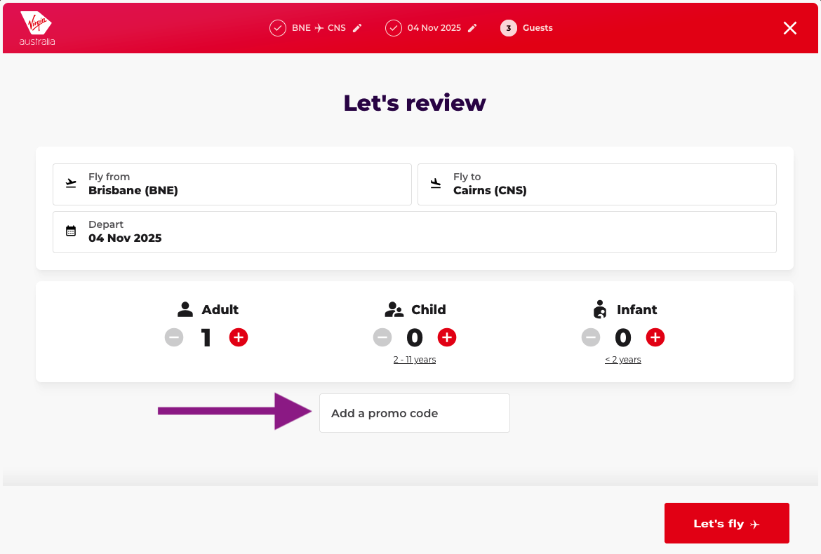 Where to add your promo code to get a discount when booking on the Virgin Australia website