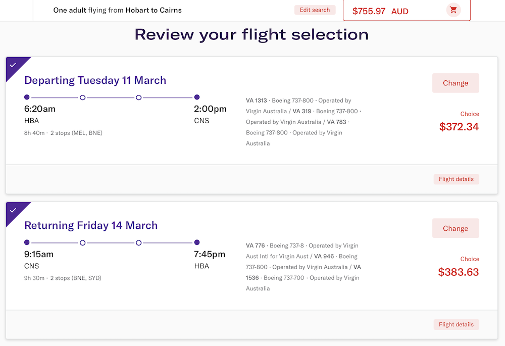 HBA-CNS flights quote on the Virgin Australia website