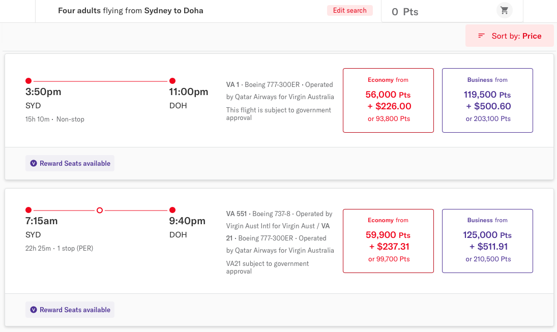 SYD-DOH reward seats on the Virgin Australia website