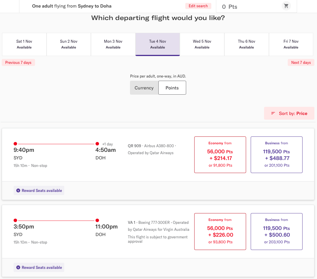 SYD-DOH reward seats on the Virgin Australia website, with travel on both QR and VA