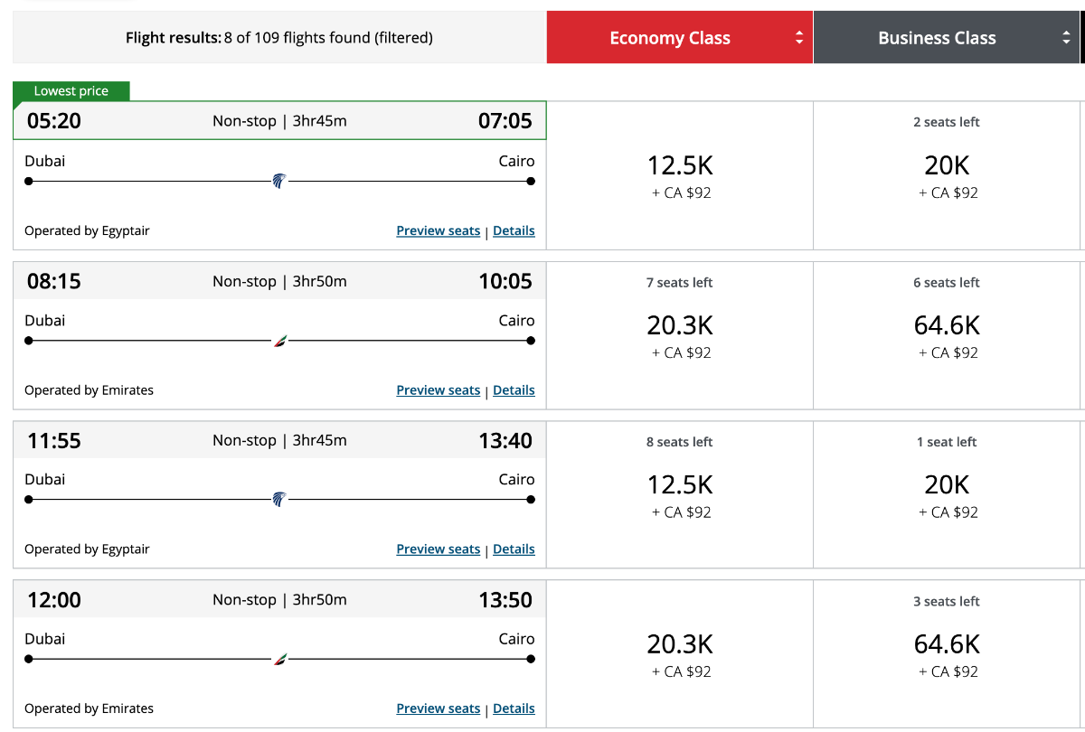 Screenshot of Aeroplan awards available between Dubai and Cairo