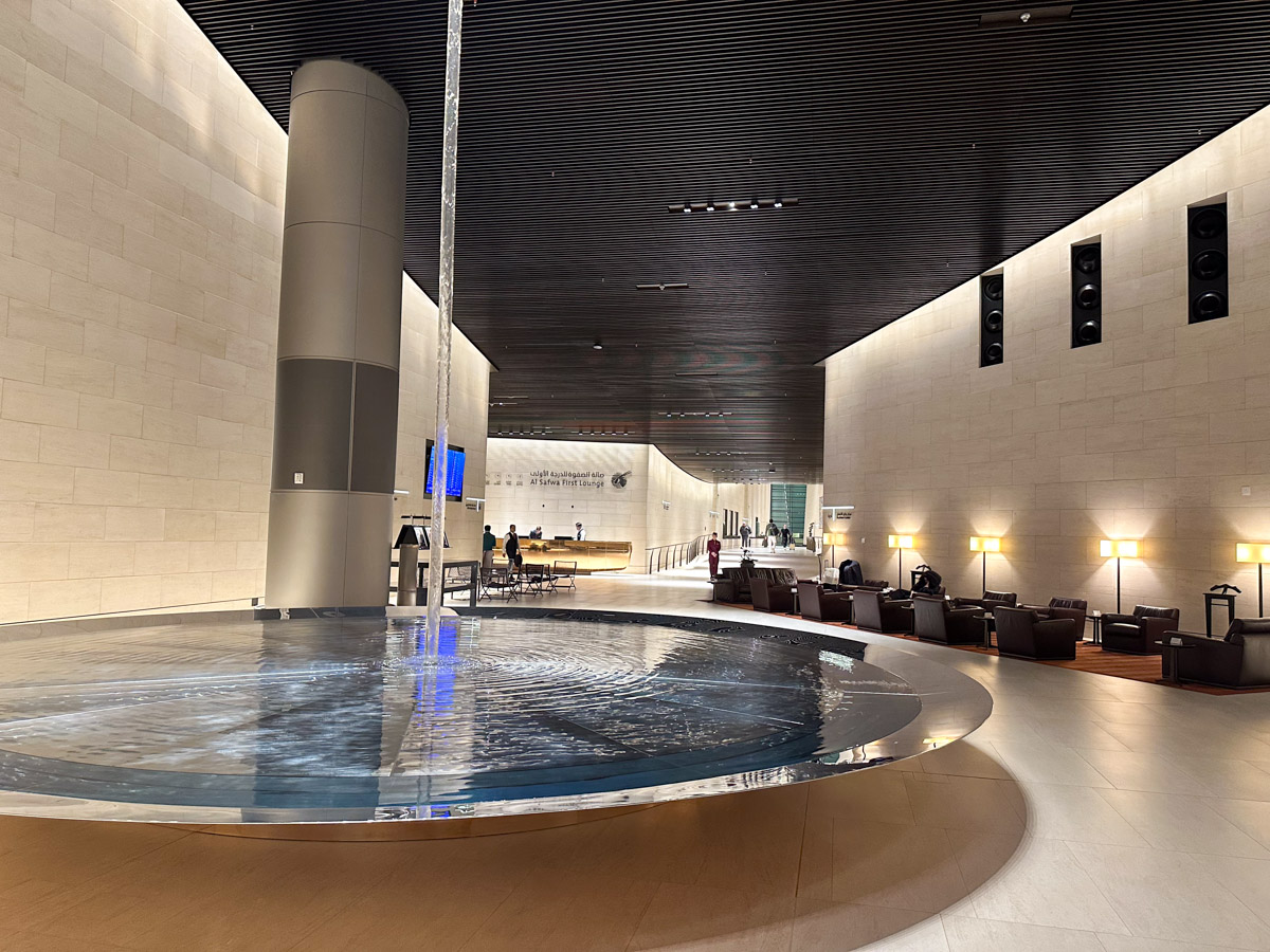 Water feature at the Qatar Airways Al Safwa Lounge Doha