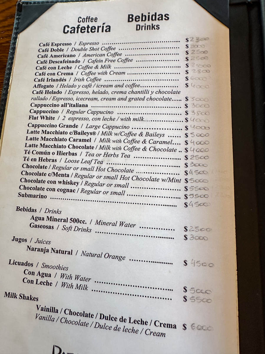 Restaurant menu in Argentina with prices written on in pencil