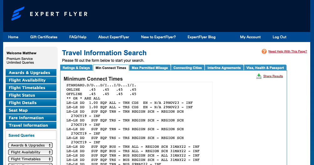 ExpertFlyer screenshot showing minimum connection times for Frankfurt Airport (FRA)