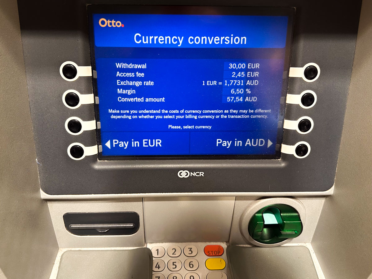 An Otto ATM in Finland offering dynamic currency conversion from EUR to AUD when withdrawing cash using an Australian bank card