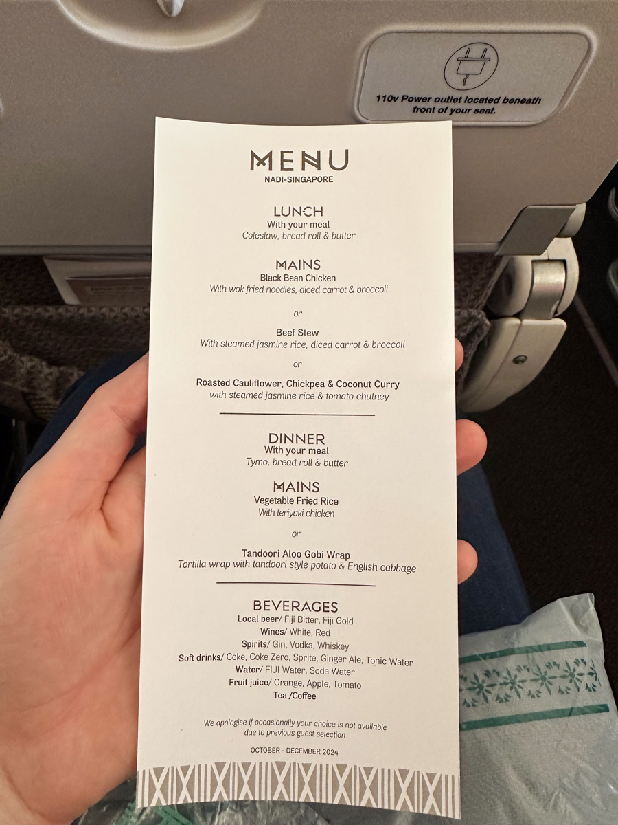 Fiji Airways Economy Class menu on the NAN-SIN route