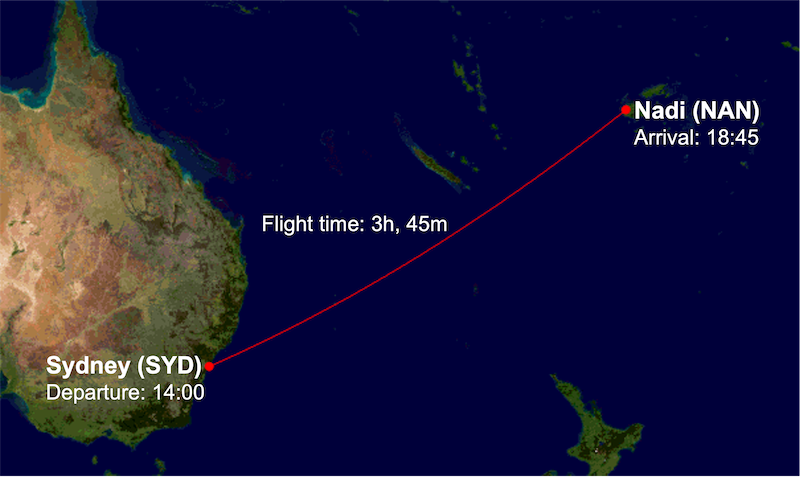 FJ910 route map from Sydney (SYD) to Nadi (NAN)