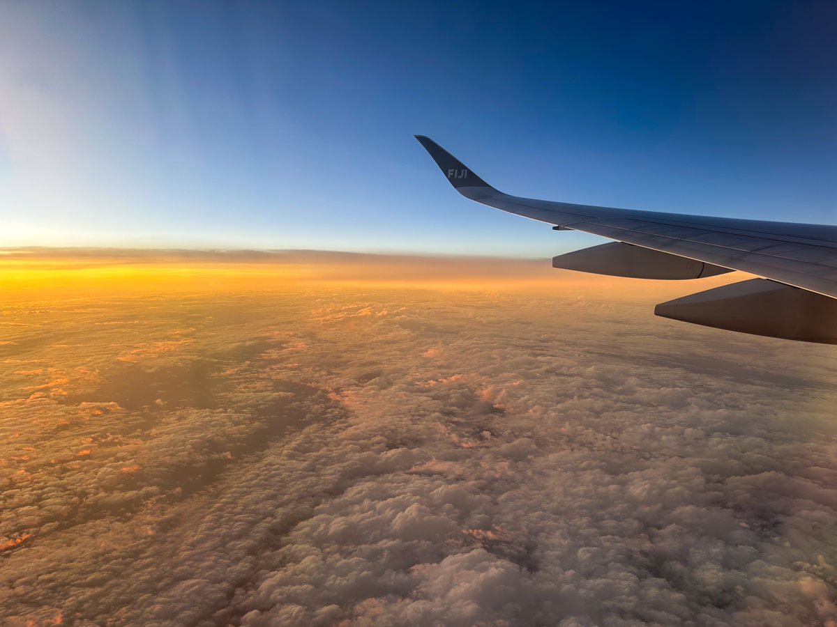 Enjoying the view of the sunset en-route to Fiji on a Fiji Airways A350