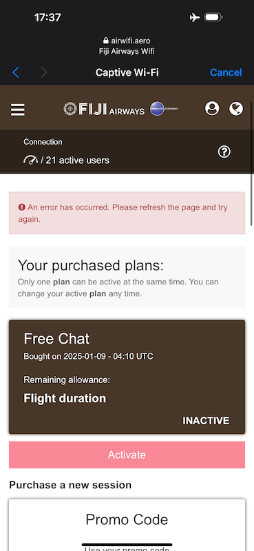 Error when trying to connect to Fiji Airways in-flight Wi-Fi