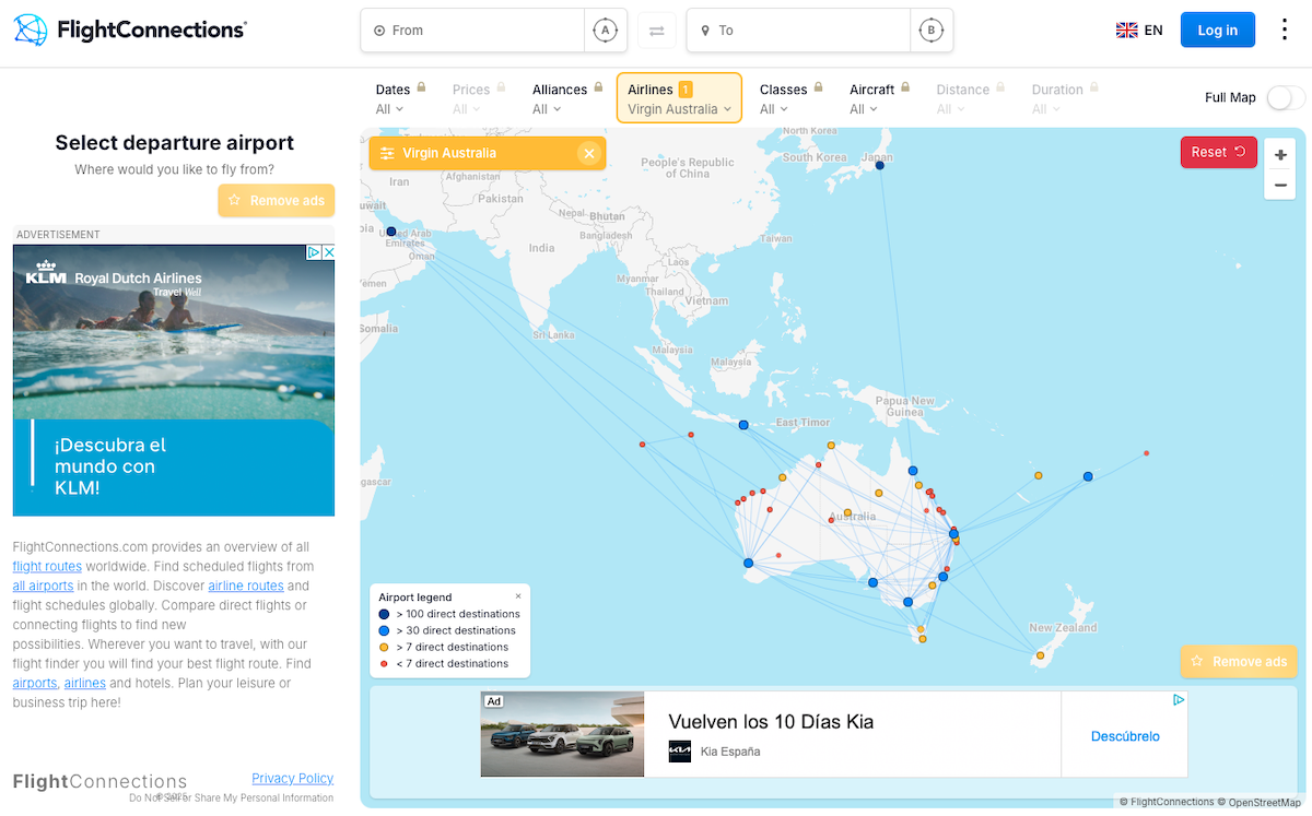 VA routes visually displayed on FlightConnections.com