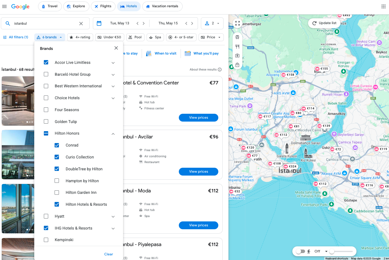 Google Travel hotel search in Istanbul, sorting by brand