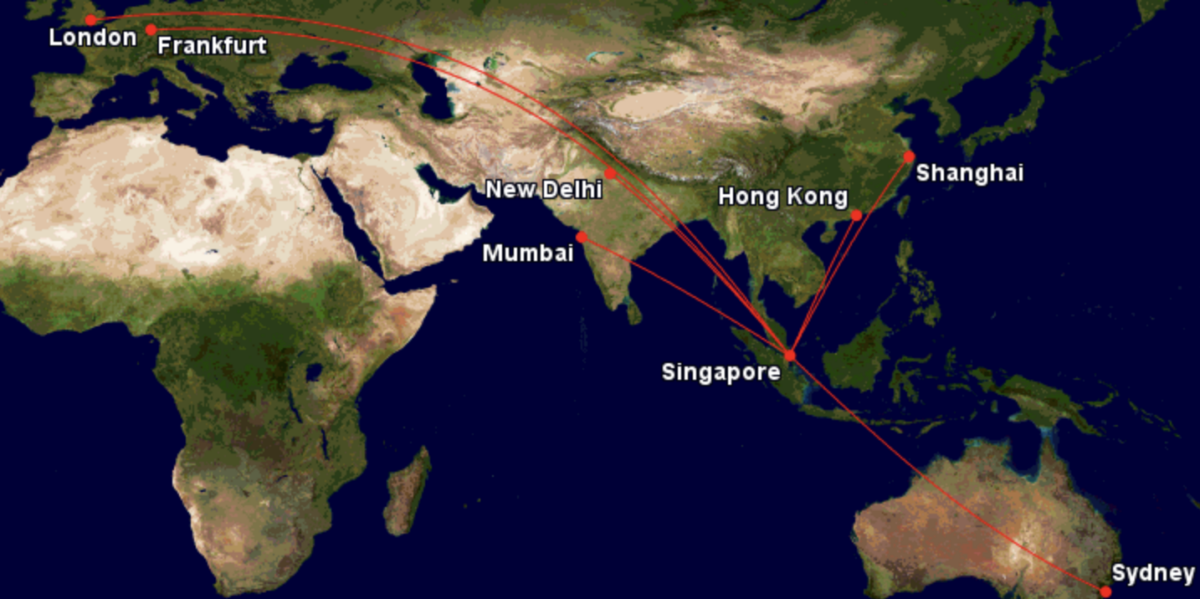 Singapore Airlines A380 Routes as of March 2025: Singapore-Sydney, Singapore-Hong Kong, Singapore-Shanghai, Singapore-New Delhi, Singapore-Mumbai, Singapore-Frankfurt, Singapore-London