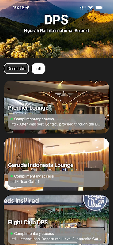 Loungepedia app showing international lounge options at Denpasar (DPS) airport