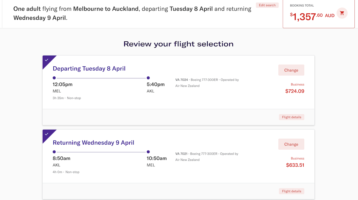 Virgin Australia website showing a return MEL-AKL booking on Air New Zealand codeshares