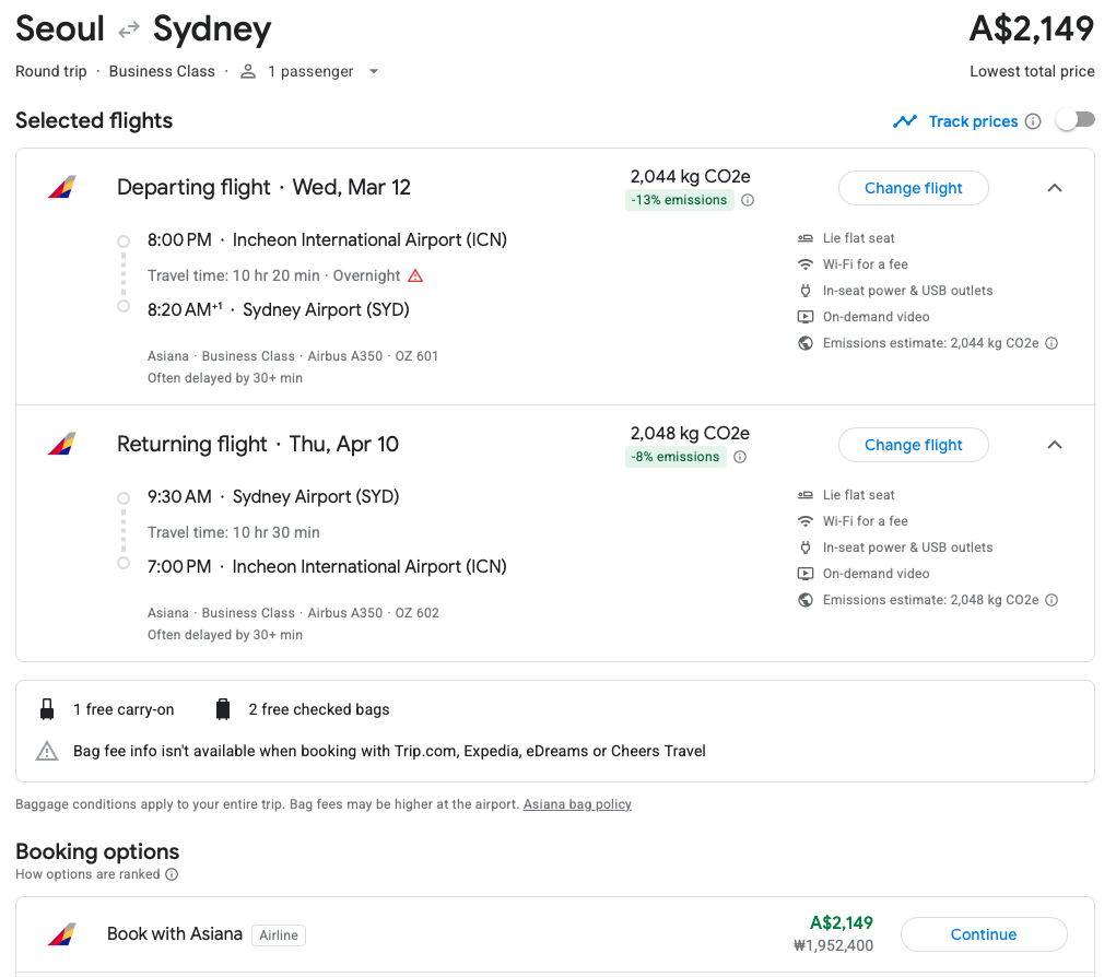 Google Flights showing Asiana ICN-SYD business class pricing