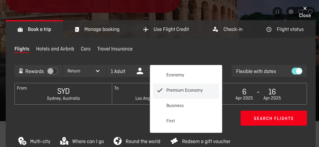 Booking a Premium Economy ticket on the Qantas website