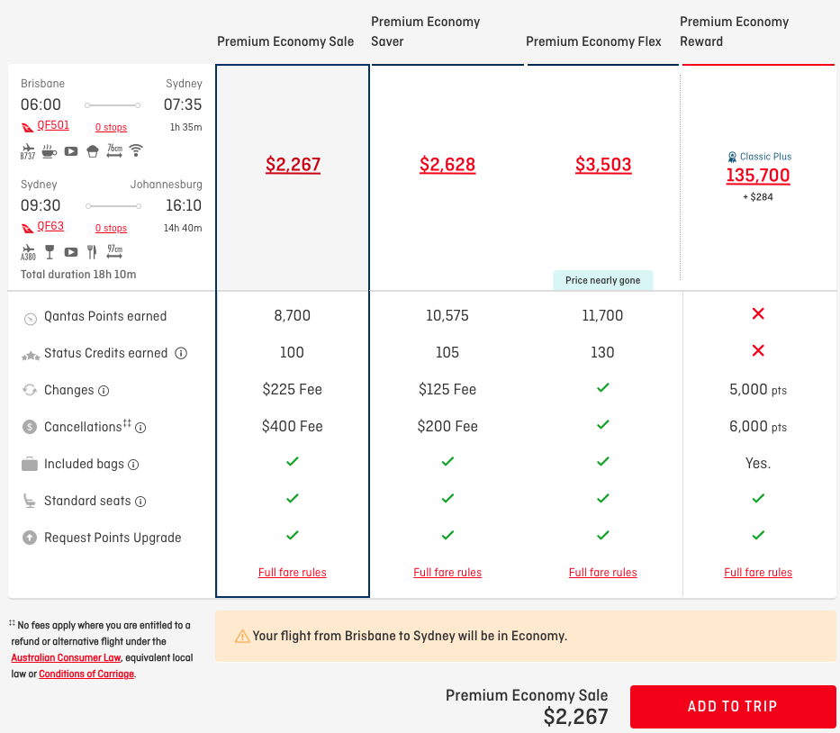 Qantas Premium Economy booking BNE-SYD-JNB