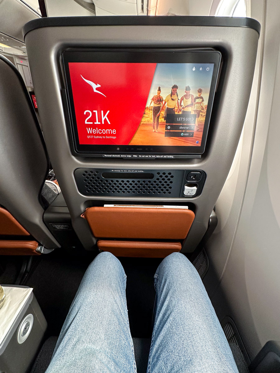 Qantas Premium Economy legroom and IFE on QF27 to SCL