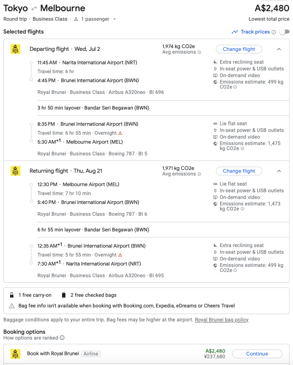 A NRT-BWN-MEL business class fare with Royal Brunei Airlines on Google Flights