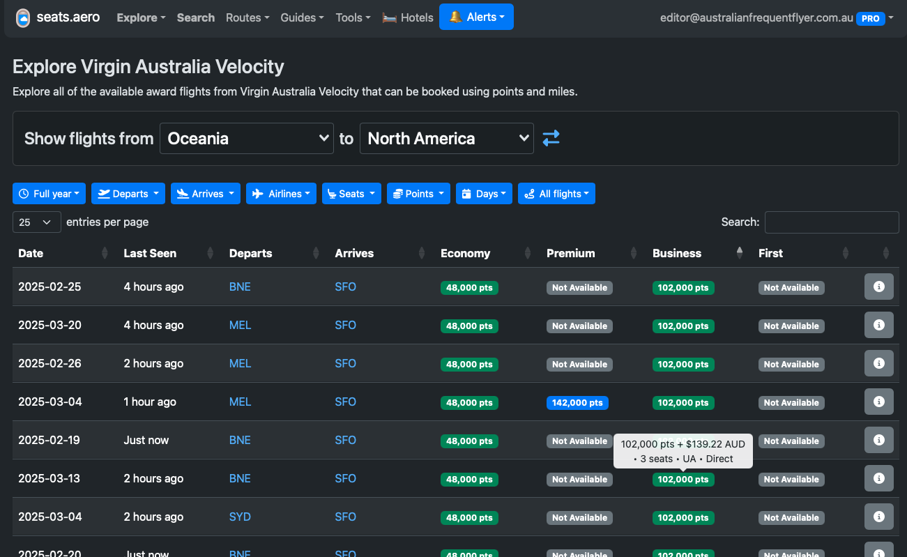 Velocity availability from Oceania to North America on seats.aero