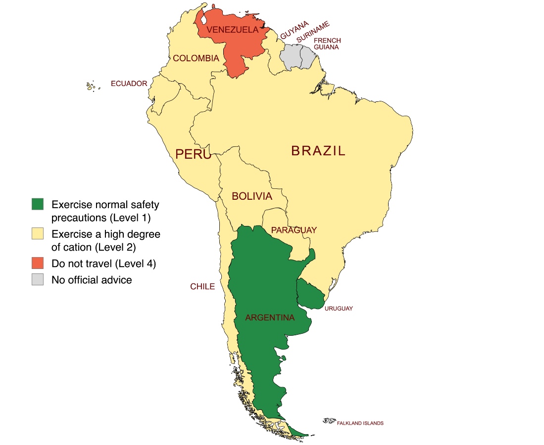 Colour-coded map showing the Australian government Smartraveller advice for each country in South America