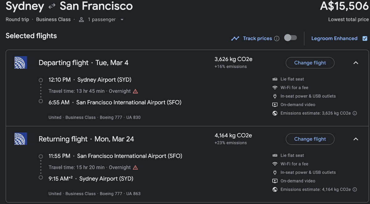 United cash fares from SYD to SFO