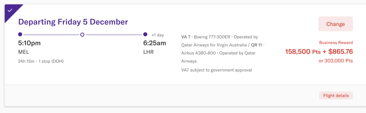 Screenshot of Melbourne - London redemption in Business Class from Velocity website