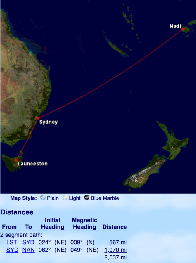 Flight path and distances of Launceston to Nadi via Sydney, from Great Circle Mapper.