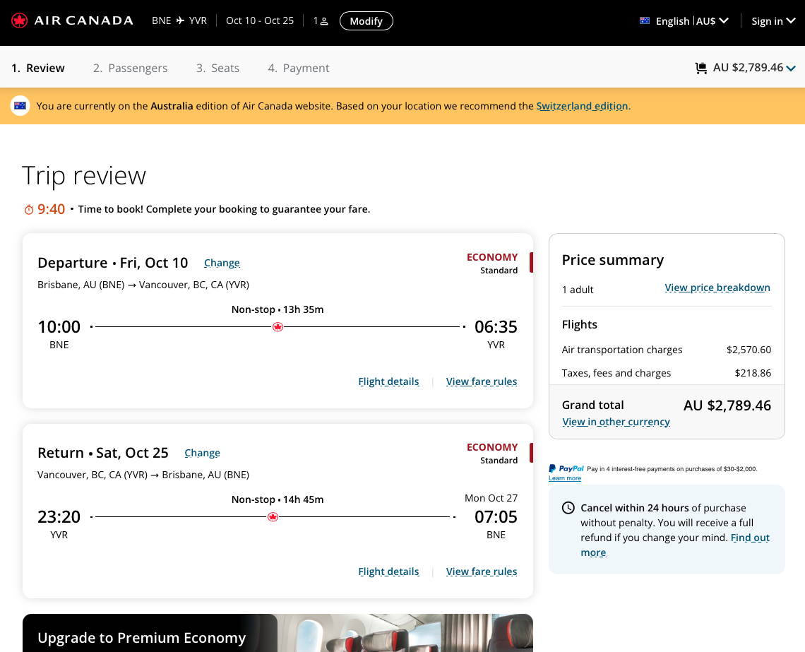 BNE-YVR booking on the Air Canada website