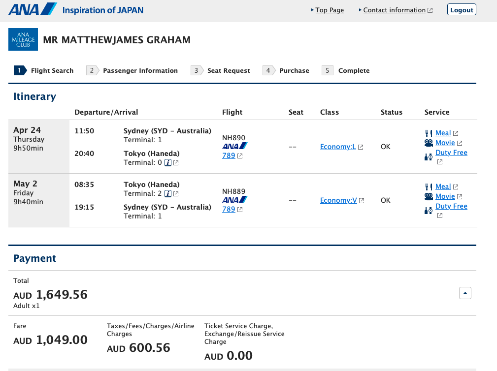 SYD-HND flight booking on the ANA website