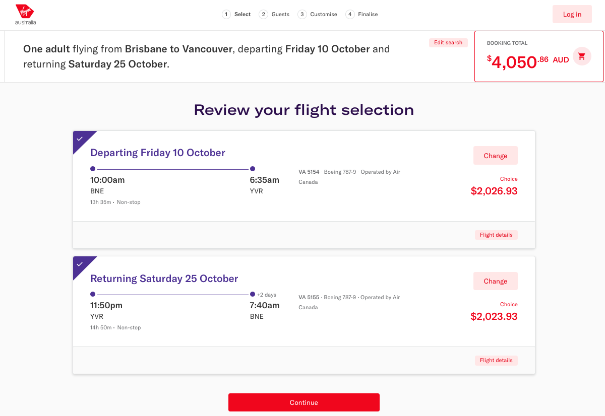 BNE-YVR codeshare fares on the Virgin Australia website