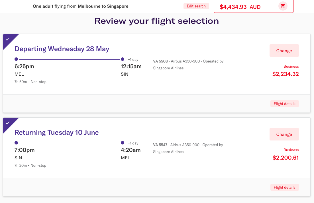 MEL-SIN business class codeshare fares on the Virgin Australia website