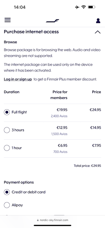 Finnair "Nordic Sky" Wi-Fi pricing on an A330 flight