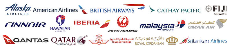 Oneworld member airlines: Alaska Airlines, American Airlines, British Airways, Cathay Pacific, Fiji Airways, Finnair, Iberia, Hawaiian Airlines, Japan Airlines, Malaysia Airlines, Oman Air, Qantas, Qatar Airways, Royal Air Maroc, Royal Jordanian, SriLankan Airlines.