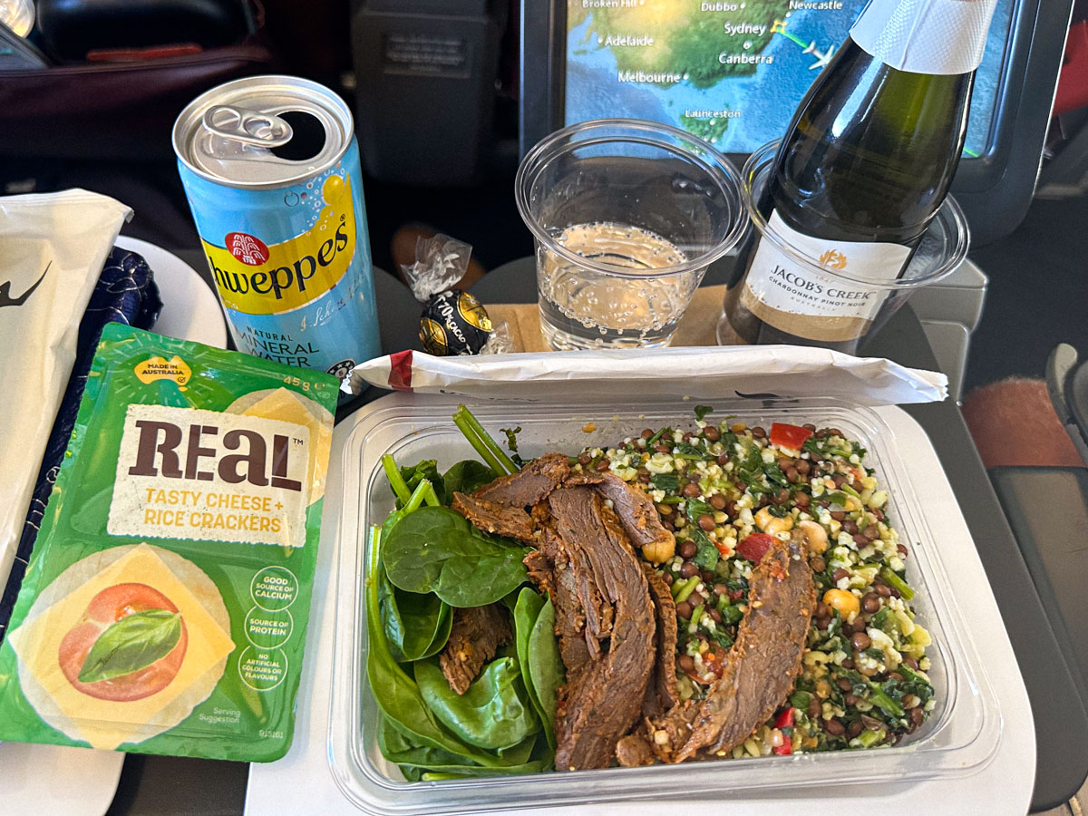 Tabouli salad with beef on a Qantas economy class flight