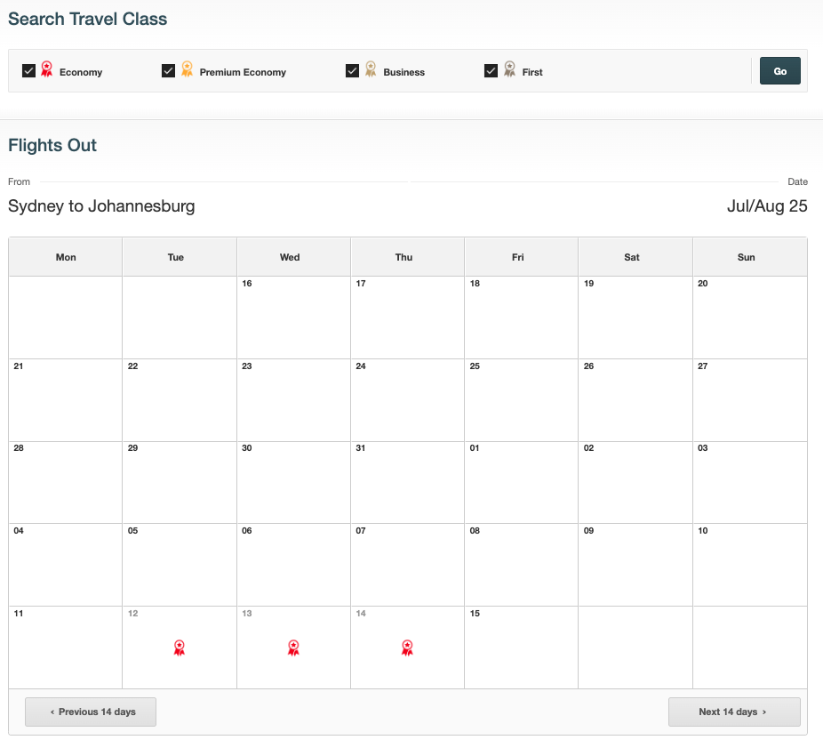 Qantas website showing very limited Classic Reward availability from SYD to JNB