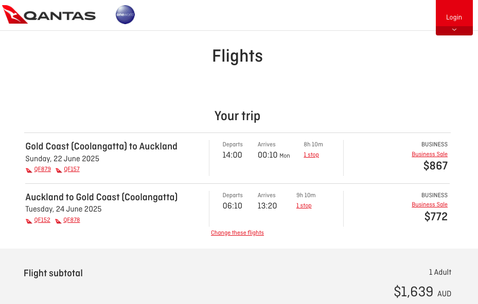 Qantas website showing a OOL-MEL-AKL itinerary