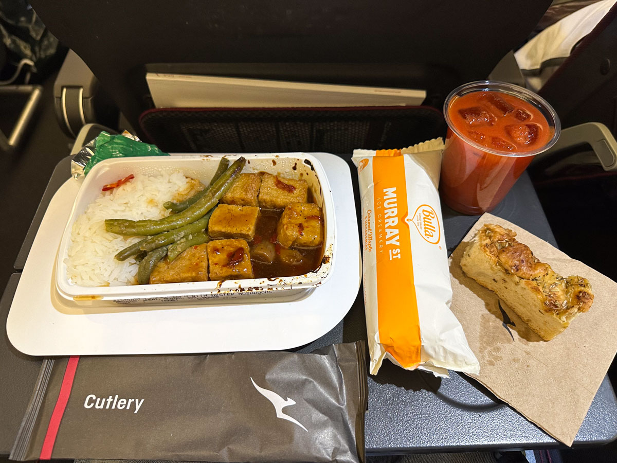 Spicy tofu with beans and rice in Qantas Economy Class