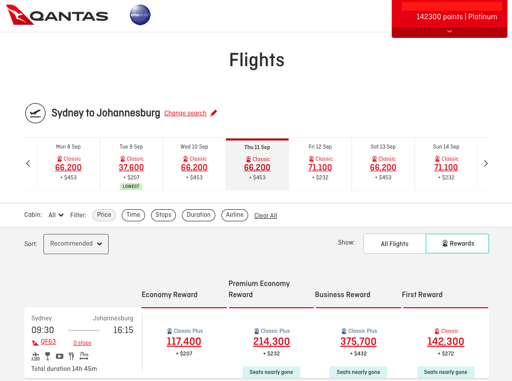 QF63 first class redemption