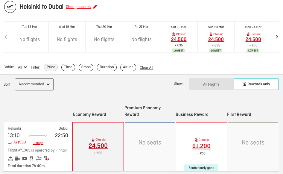 Qantas website classic reward pricing on the HEL-DXB route