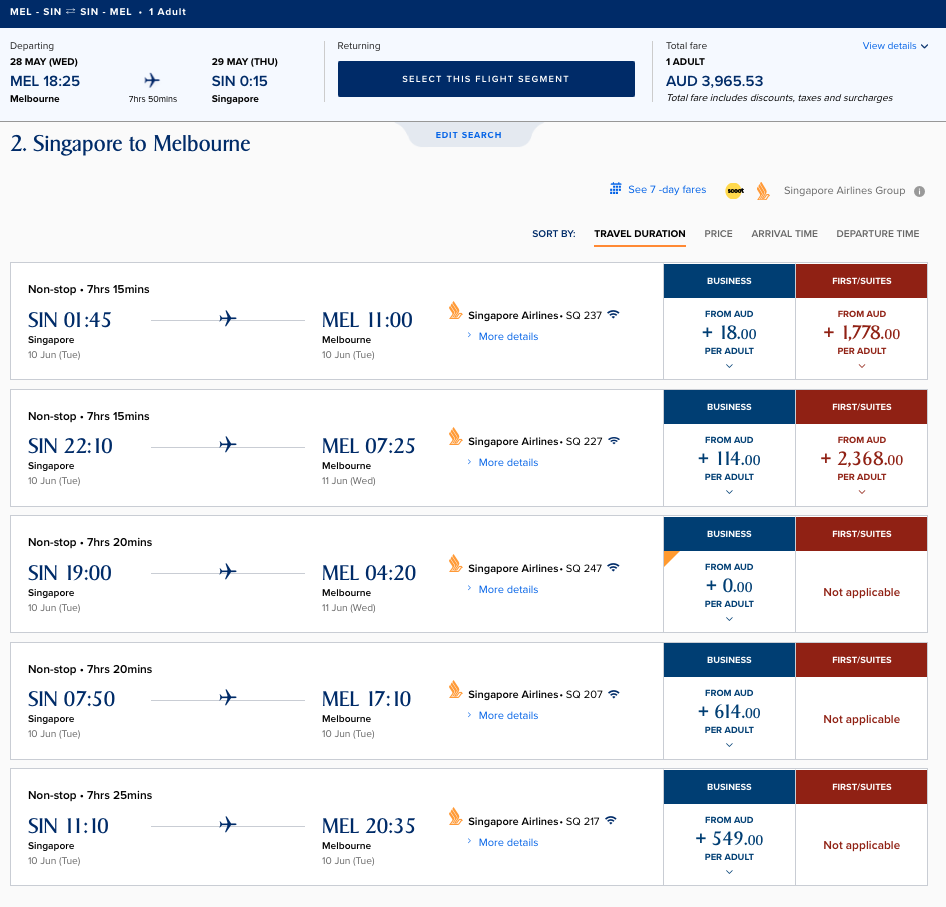 Singapore Airlines website showing SIN-MEL flight options