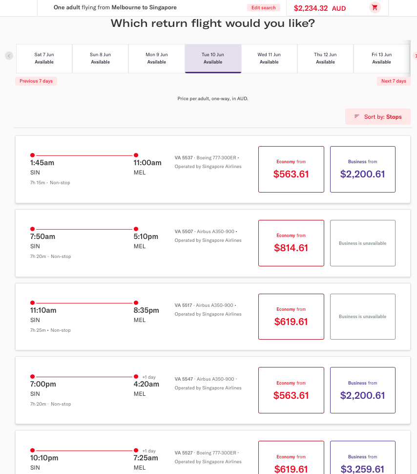 VA website SIN-MEL flight options on SQ codeshare