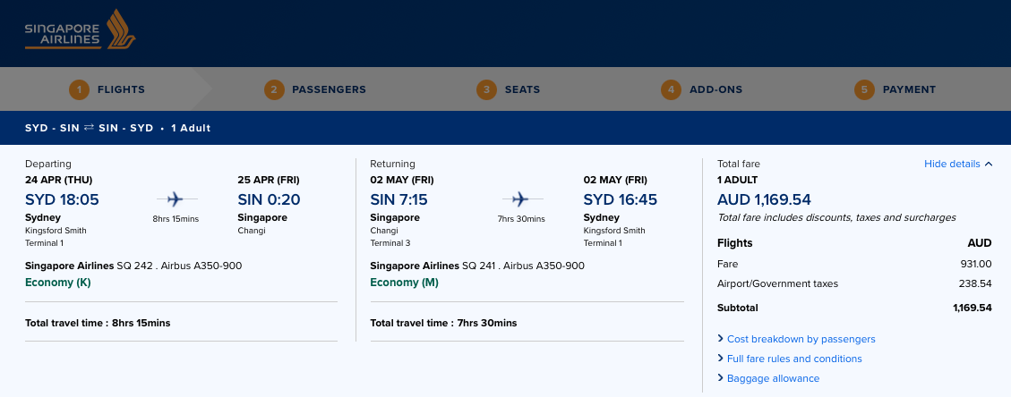 SYD-SIN Economy airfare quote on the Singapore Airlines website