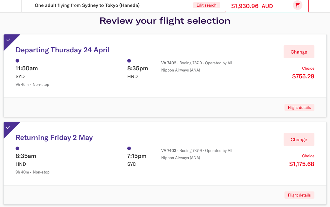 SYD-HND codeshare booking on the Virgin Australia website