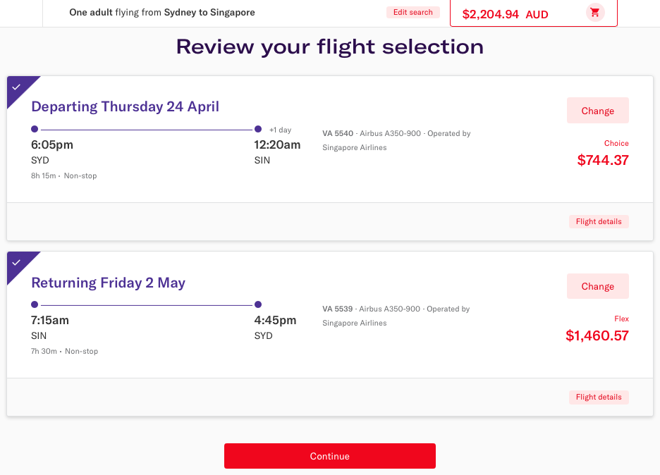 SYD-SIN codeshare flight booking on the Virgin Australia website