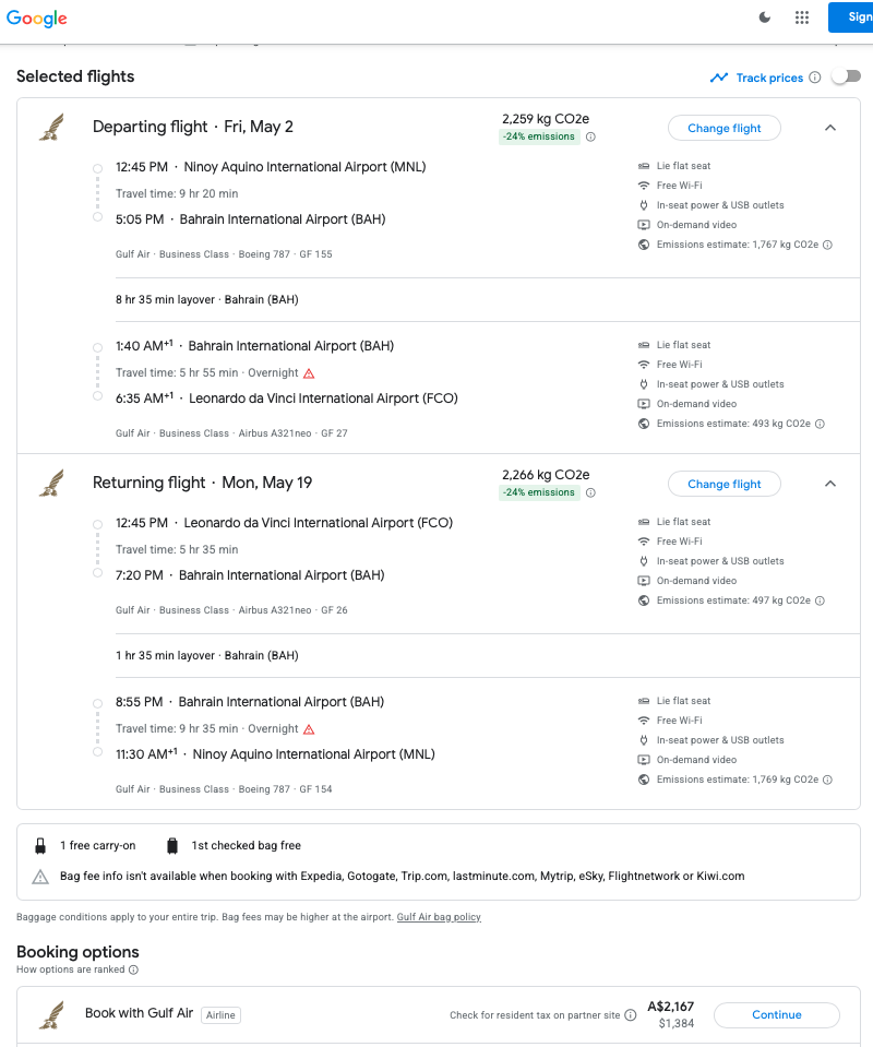 Google Flights screenshot showing Gulf Air MNL-BAH-FCO J itinerary