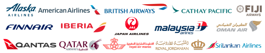 Oneworld member airlines: Alaska Airlines, American Airlines, British Airways, Cathay Pacific, Fiji Airways, Finnair, Iberia, Japan Airlines, Malaysia Airlines, Oman Air, Qantas, Qatar Airways, Royal Air Maroc, Royal Jordanian, SriLankan Airlines.