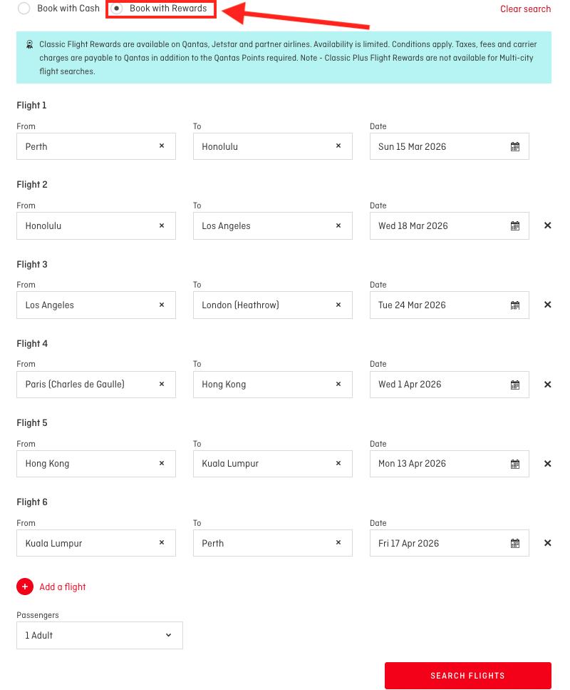 Qantas website multi-city booking page